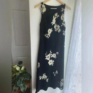 Vintage Jones New York 90s Black Floral Gown Maxi Dress Sleeveless Shift Size 10